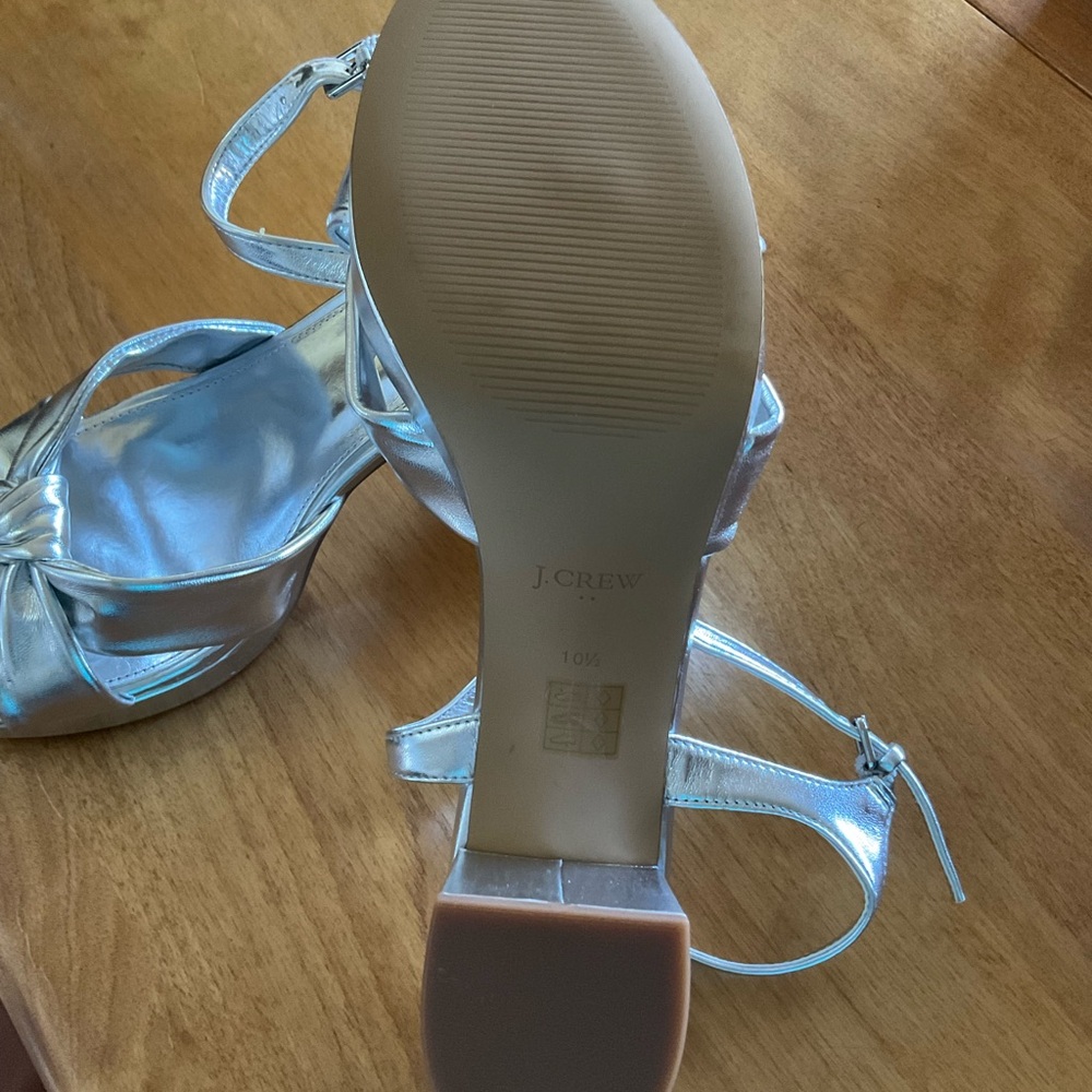 J. Crew Bow platform heeled sandals. Metallic Silver Knot Front Strappy Sandals. - Picture 2 of 4